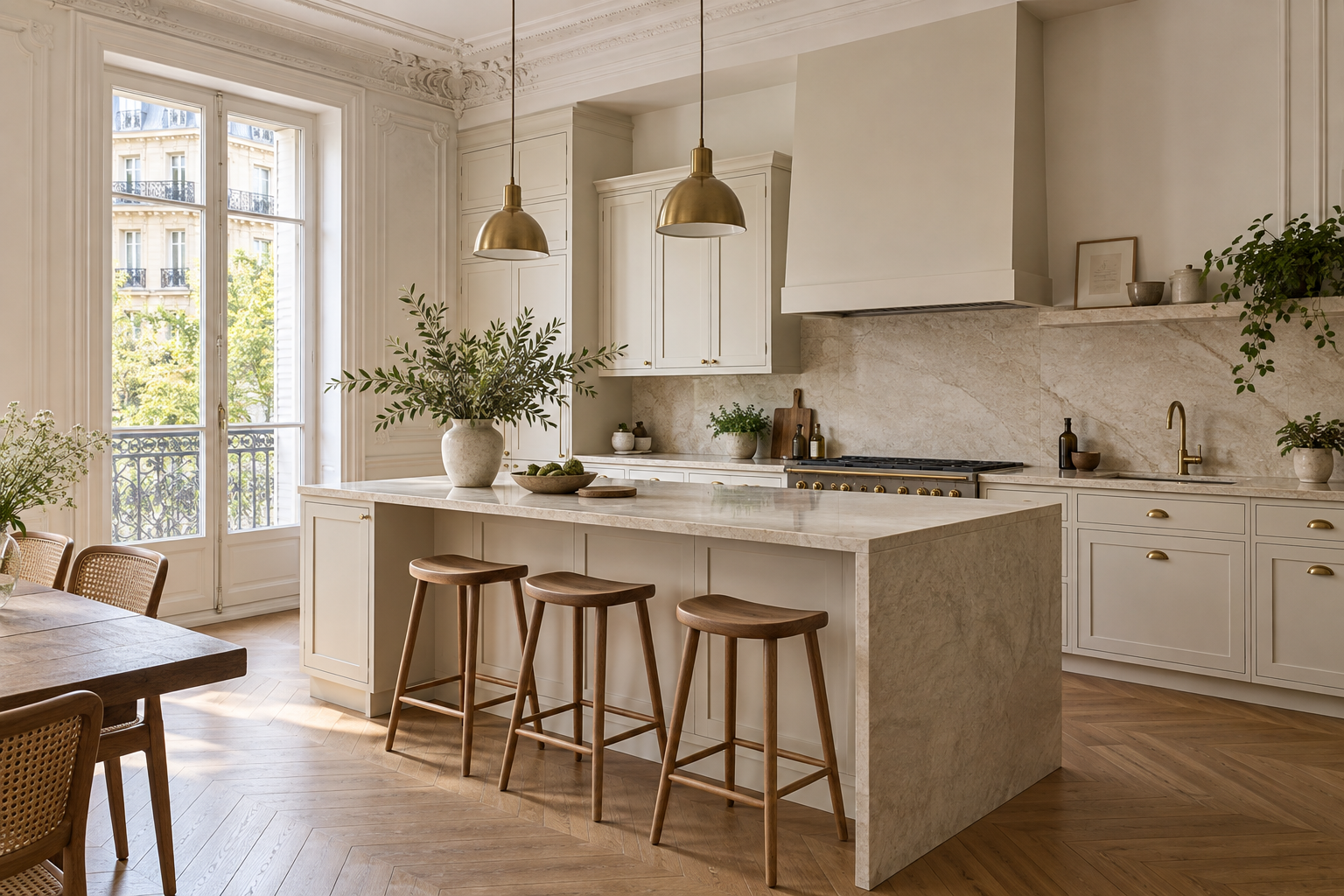 Cuisine claire de style français avec détails en laiton