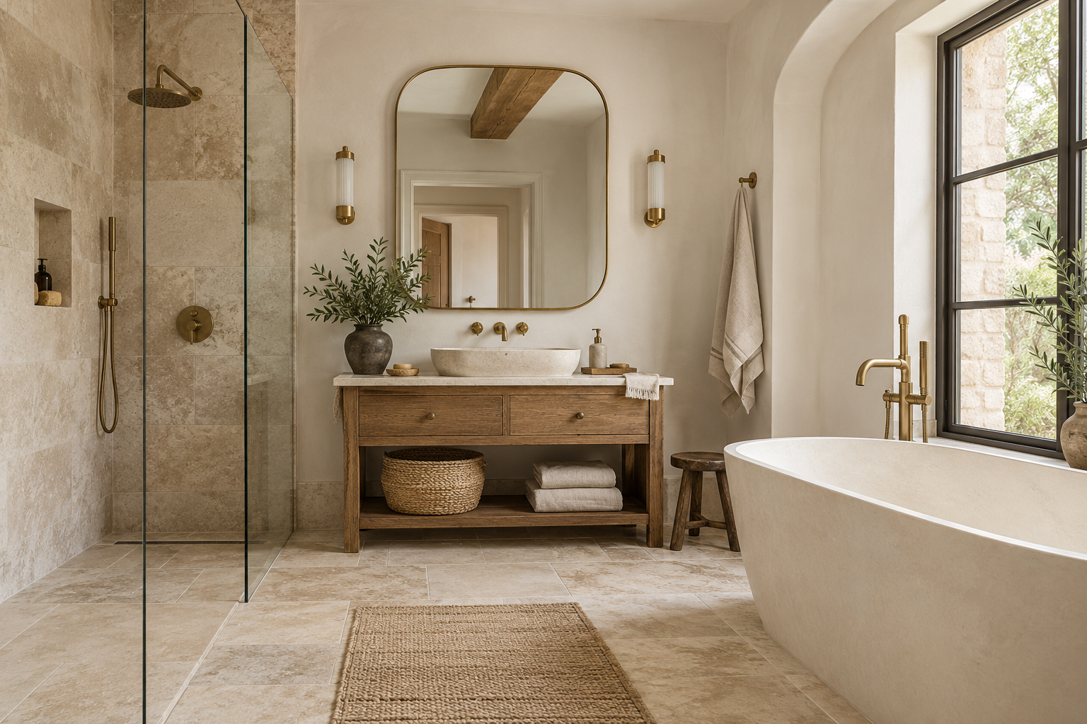 Salle de bain de style français en pierre claire et bois