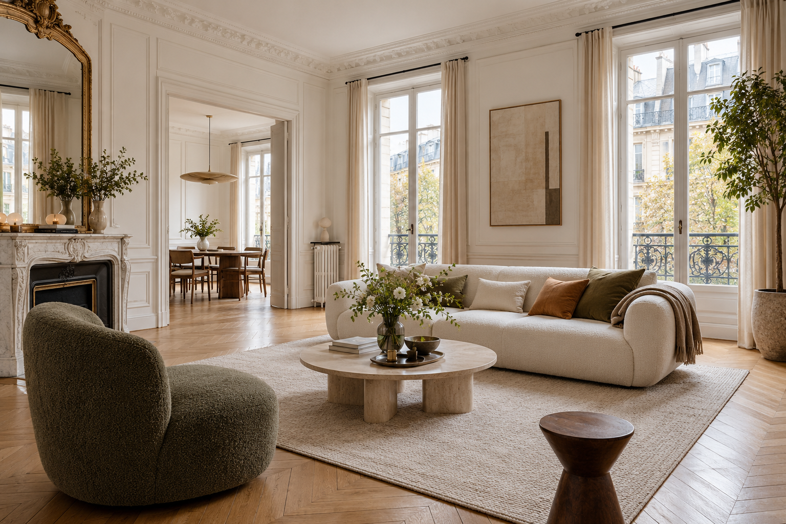 Salon de style français avec parquet en chevrons et moulures